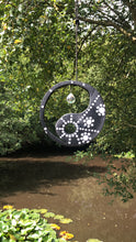 Load image into Gallery viewer, Hand painted Yin yang suncatcher. Made from plywood, decorated with black and white acrylic paint with crystal on faux suede cord.
