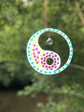 Load image into Gallery viewer, Hand painted Yin yang suncatcher. Made from plywood, decorated with acrylic paint with crystal on faux suede cord.
