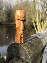 Load image into Gallery viewer, Hand carved Oak wizard ornament, wood spirit face
