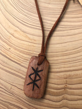 Load image into Gallery viewer, Protection Bind Rune hand carved amulet pendant necklace. Handmade from hardwood with detail added using pyrography.
