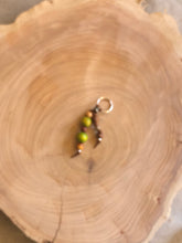 Load image into Gallery viewer, Keyring with green and neutral wooden beads on faux suede cord with split ring.
