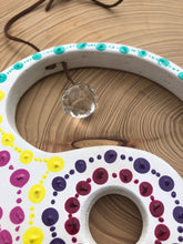 Load image into Gallery viewer, Hand painted Yin yang suncatcher. Made from plywood, decorated with acrylic paint with crystal on faux suede cord.
