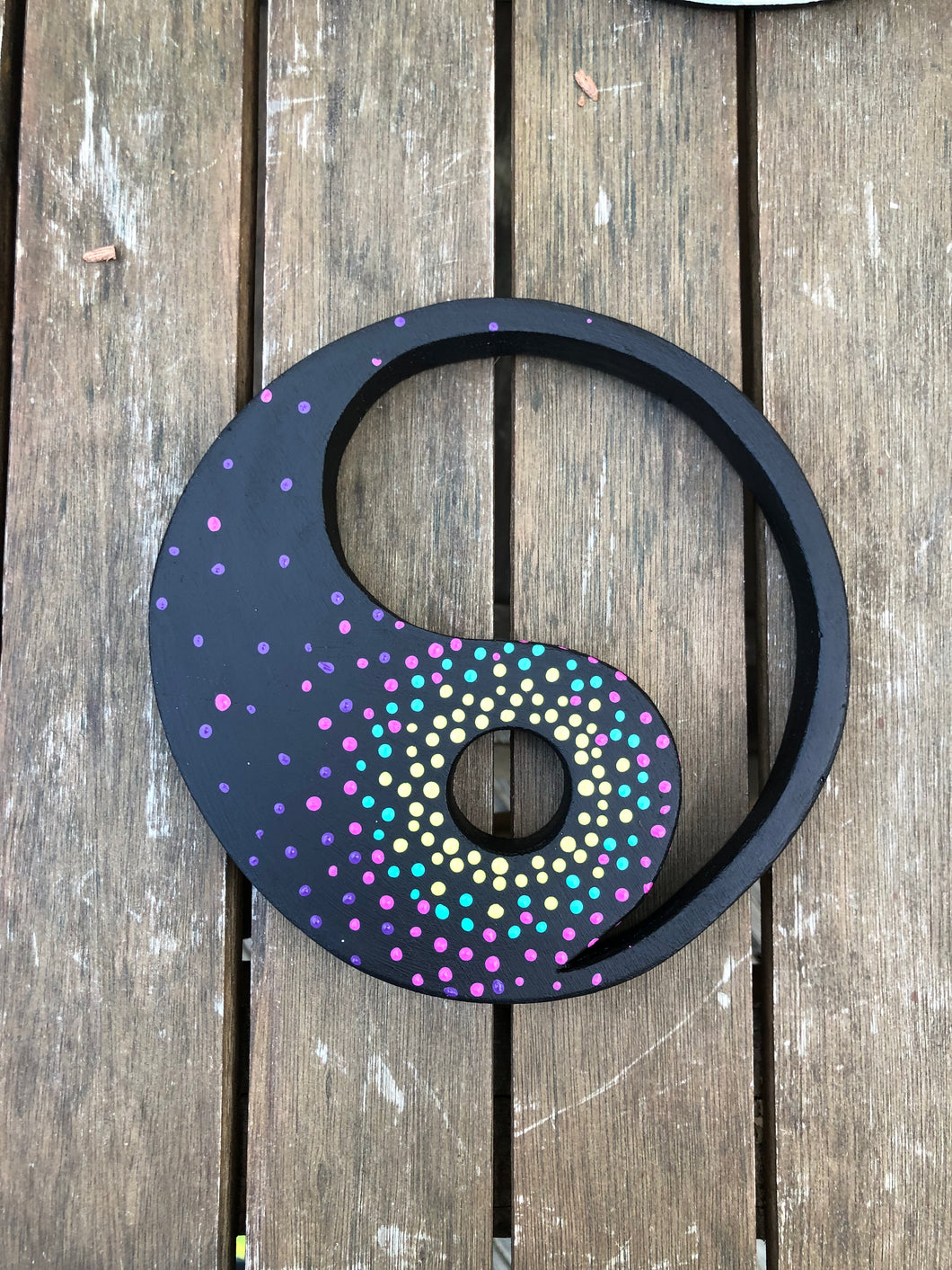 Hand painted Yin yang suncatcher. Made from plywood, decorated with acrylic paint with crystal on faux suede cord.
