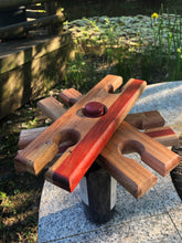 Load image into Gallery viewer, Bottle caddy, hardwood bottle holder for wine bottle and 2 glasses garden caddy.
