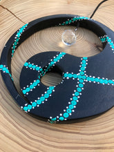 Load image into Gallery viewer, Hand painted Yin yang suncatcher. Made from plywood, decorated with black, turquoise and white acrylic paint with crystal on faux suede cord.
