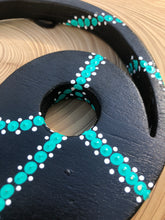 Load image into Gallery viewer, Hand painted Yin yang suncatcher. Made from plywood, decorated with black, turquoise and white acrylic paint with crystal on faux suede cord.
