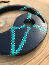 Load image into Gallery viewer, Hand painted Yin yang suncatcher. Made from plywood, decorated with black, turquoise and white acrylic paint with crystal on faux suede cord.
