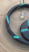 Load and play video in Gallery viewer, Hand painted Yin yang suncatcher. Made from plywood, decorated with black, turquoise and white acrylic paint with crystal on faux suede cord.
