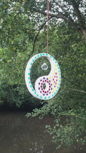 Load and play video in Gallery viewer, Hand painted Yin yang suncatcher. Made from plywood, decorated with acrylic paint with crystal on faux suede cord.
