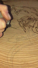 Load and play video in Gallery viewer, Highland cow wall art. Handmade pyrography on live edge willow wood slice.

