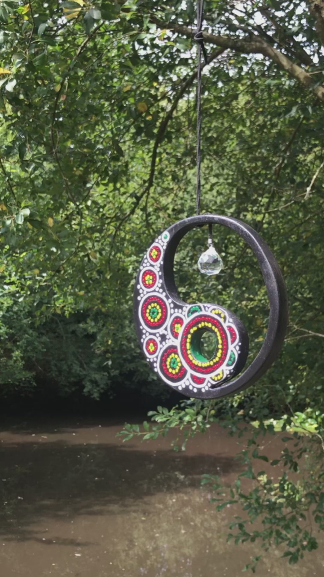 Hand painted Yin yang suncatcher. Made from plywood, decorated with acrylic paint with crystal on faux suede cord.