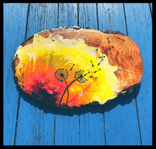 Load image into Gallery viewer, Original Dandelion acrylic painting on live edge ash wood slice with stand.
